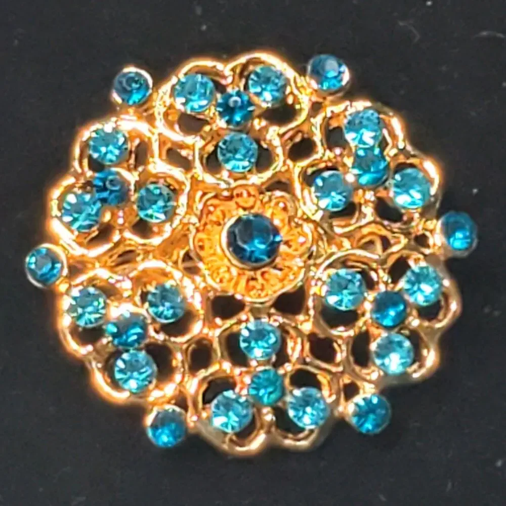 Blue Rhinestone Round Gold Tone 1.5